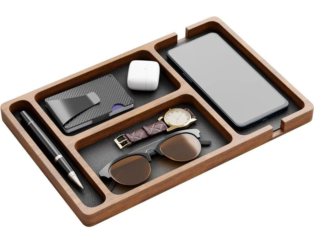 Boîte de rangement de bureau en bois avec grille en bois massif pour lunettes, écouteurs de téléphone portable et articles divers, plateau de rangement en bois - Mr Connected