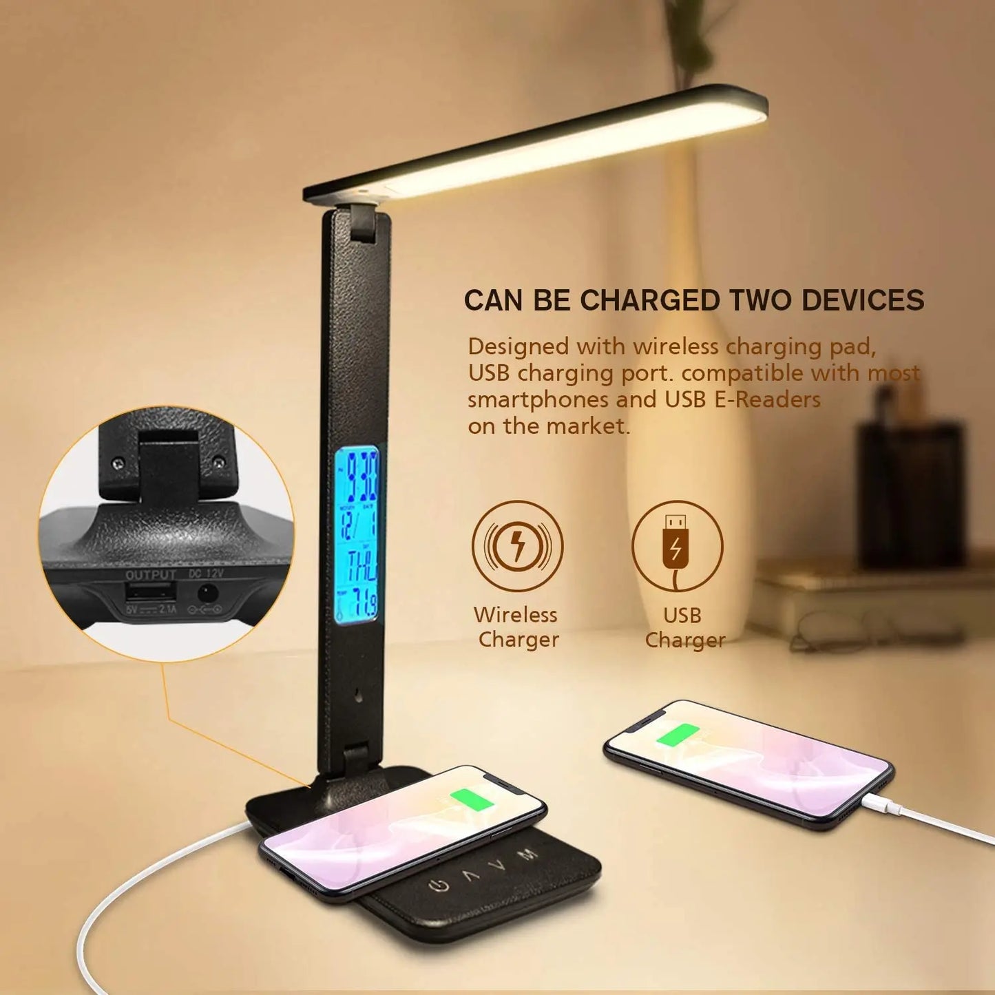LAOPAO 10W QI charge sans fil LED lampe de bureau avec calendrier température réveil oeil protéger étude affaires lumière lampe de Table - Mr Connected