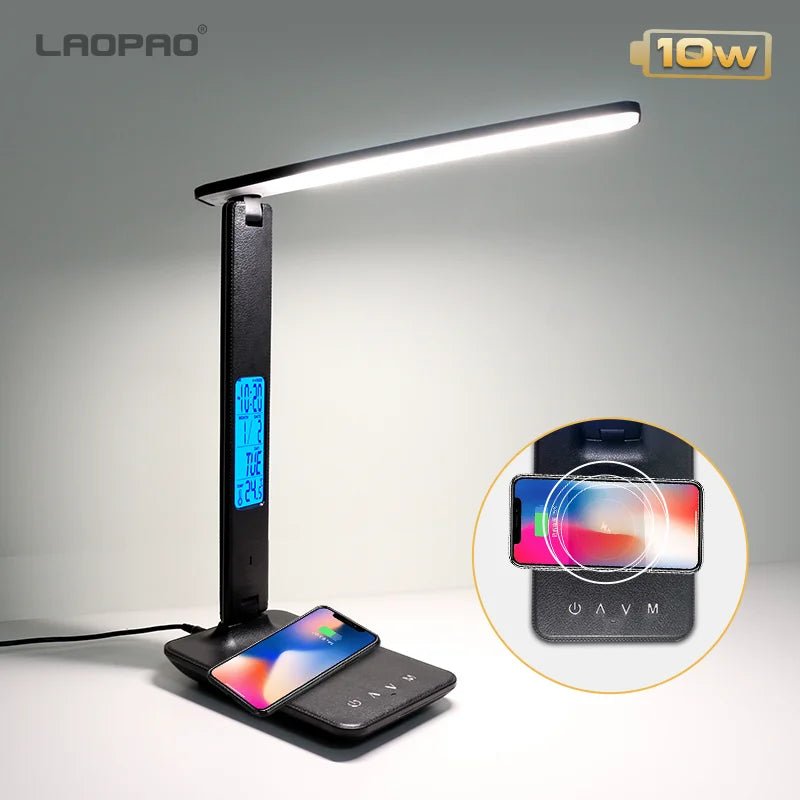 LAOPAO 10W QI charge sans fil LED lampe de bureau avec calendrier température réveil oeil protéger étude affaires lumière lampe de Table - Mr Connected