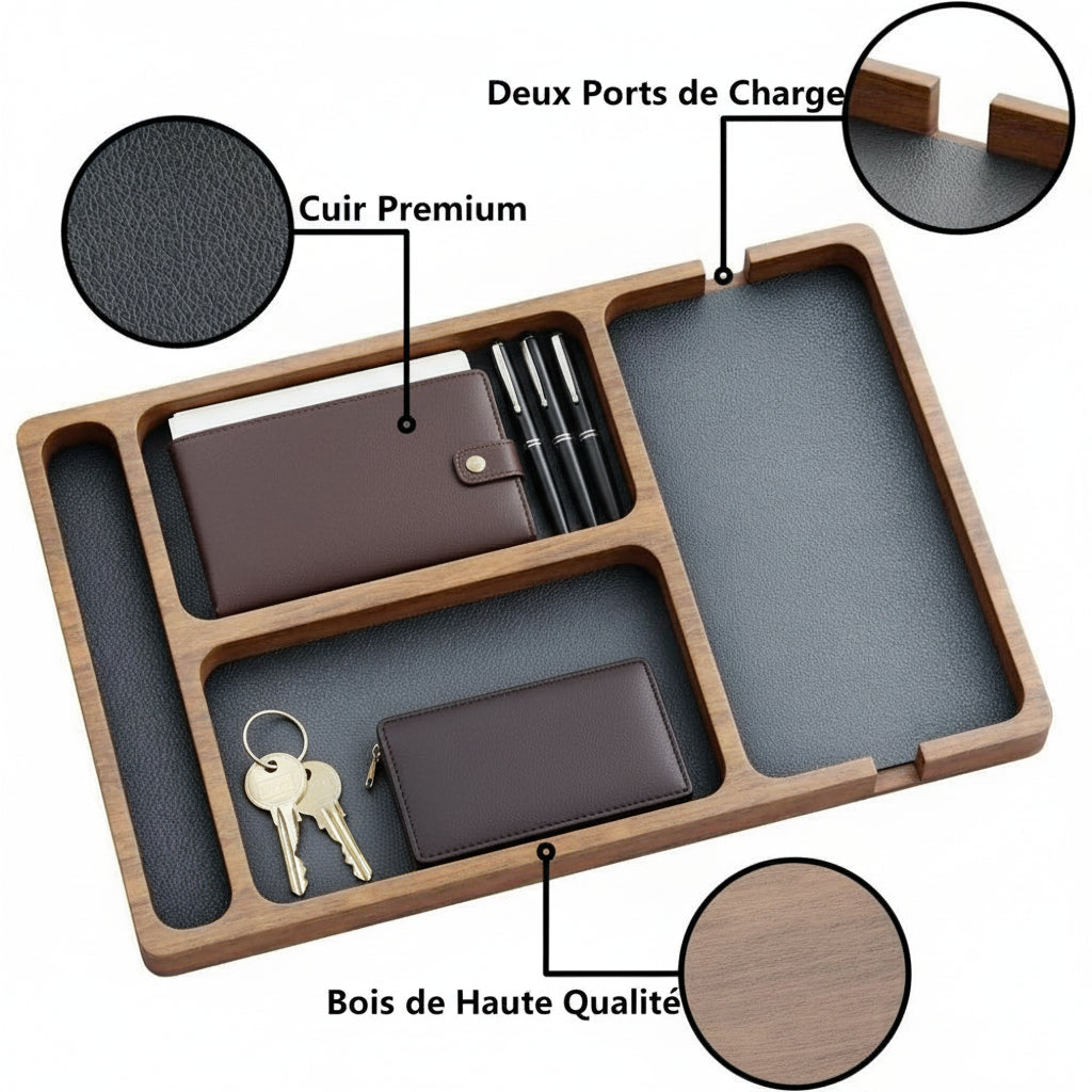 Boîte de rangement de bureau en bois avec grille en bois massif pour lunettes, écouteurs de téléphone portable et articles divers, plateau de rangement en bois - Mr Connected