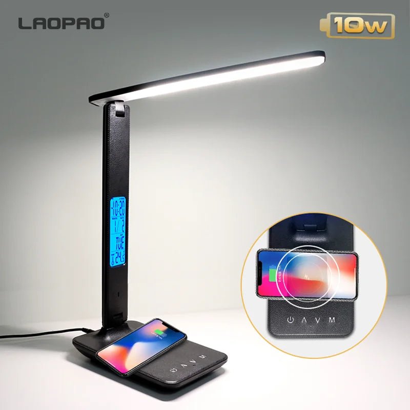 LAOPAO 10W QI charge sans fil LED lampe de bureau avec calendrier température réveil oeil protéger étude affaires lumière lampe de Table - Mr Connected