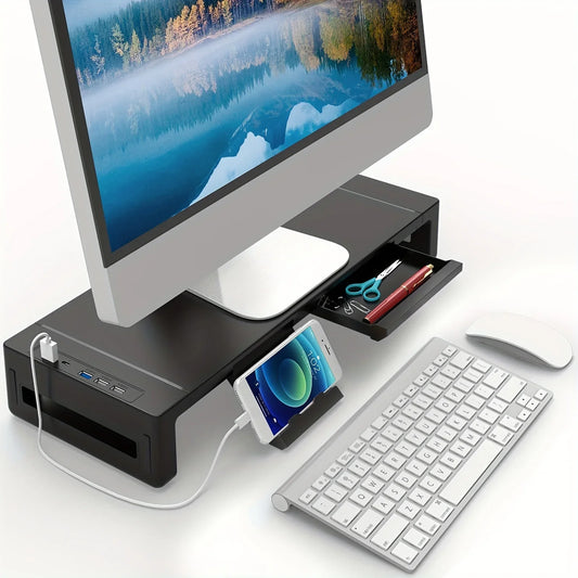 Support de moniteur Riser, avec USB3.0 pliable, support d'ordinateur réglable en hauteur, étagère de bureau avec tiroir de rangement et téléphone tablette - Mr Connected