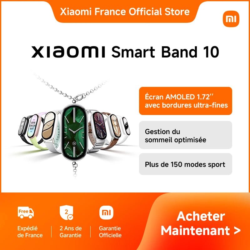Xiaomi France | Xiaomi Smart Band 10 , Écran AMOLED 1.72’’ avec bordures ultra - fines, Gestion du sommeil optimisée avec accompagnement personnalisé, Plus de 150 modes sport - Mr Connected
