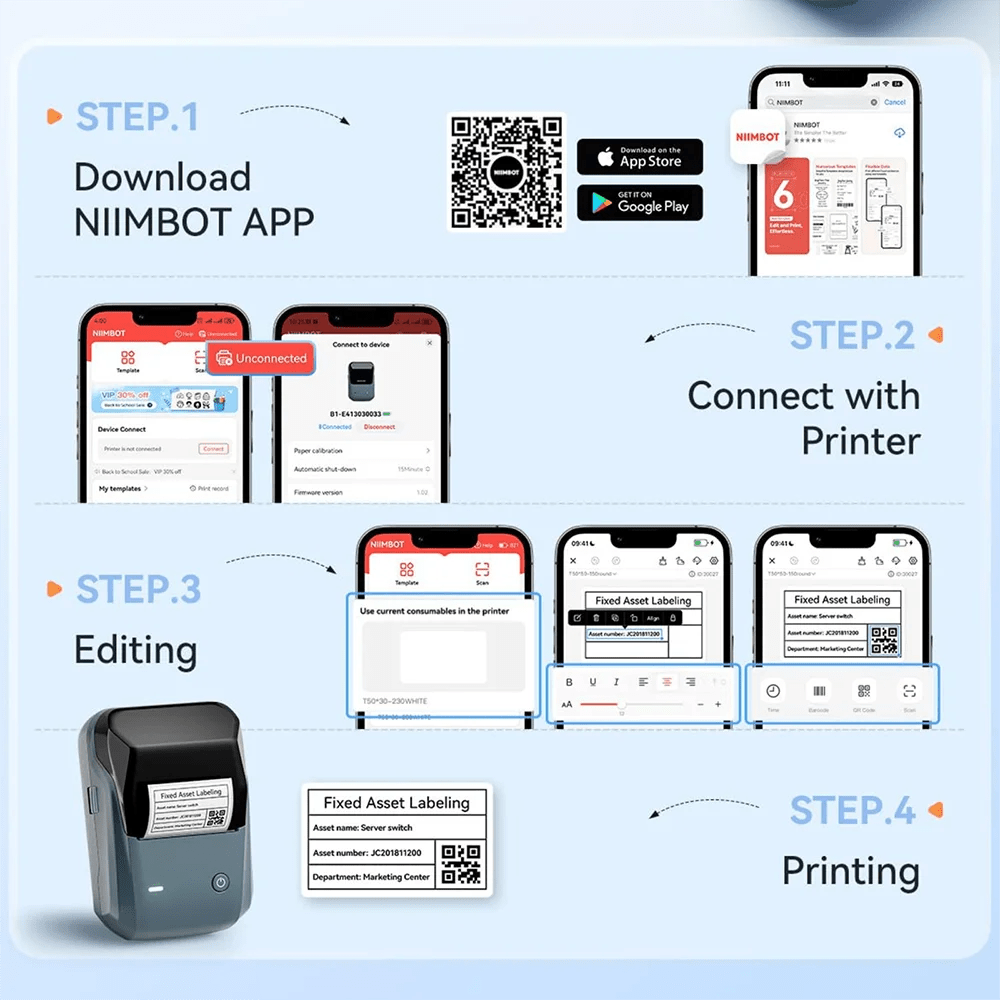 NIIMBOT B1 imprimante thermique Portable avec bandes 2 pouces imprimante d'étiquettes adhésives Mini Bluetooth fabricant d'autocollants Support Smartphones PC - Mr Connected